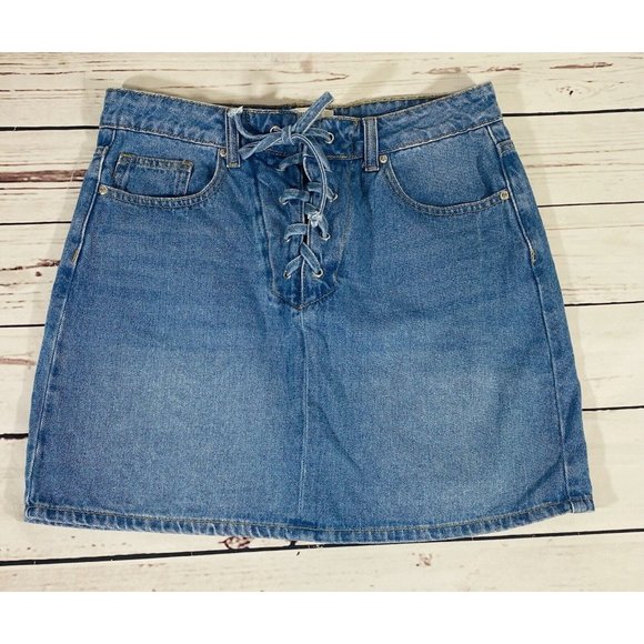 Forever21 Jean Skirt Size Medium Lace Up Tie Front Denim Festival Blue Cotton - Picture 1 of 7